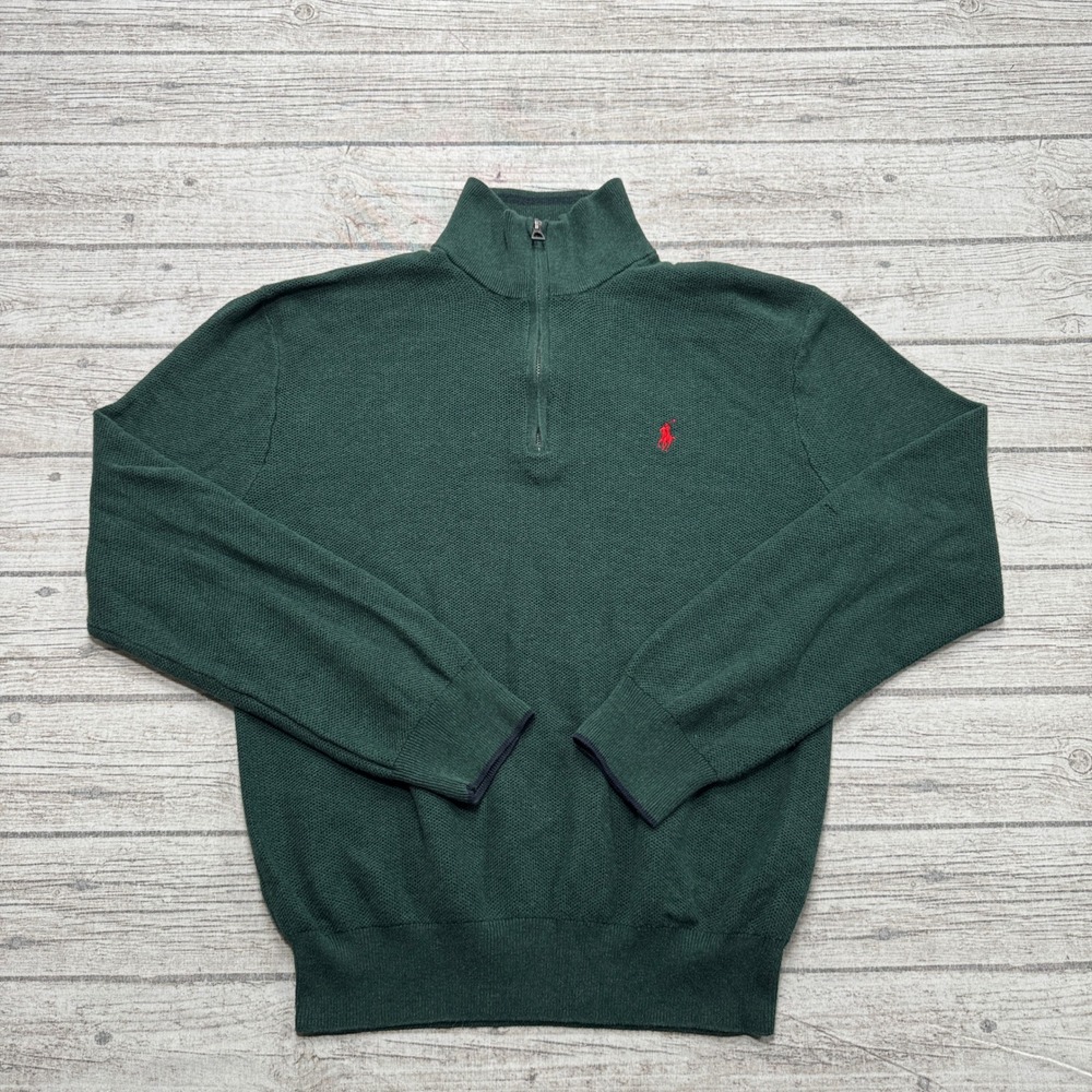 Polo Ralph Lauren Sweater Men's M Green Pique Knit Quarter Zip Pullover Outdoor